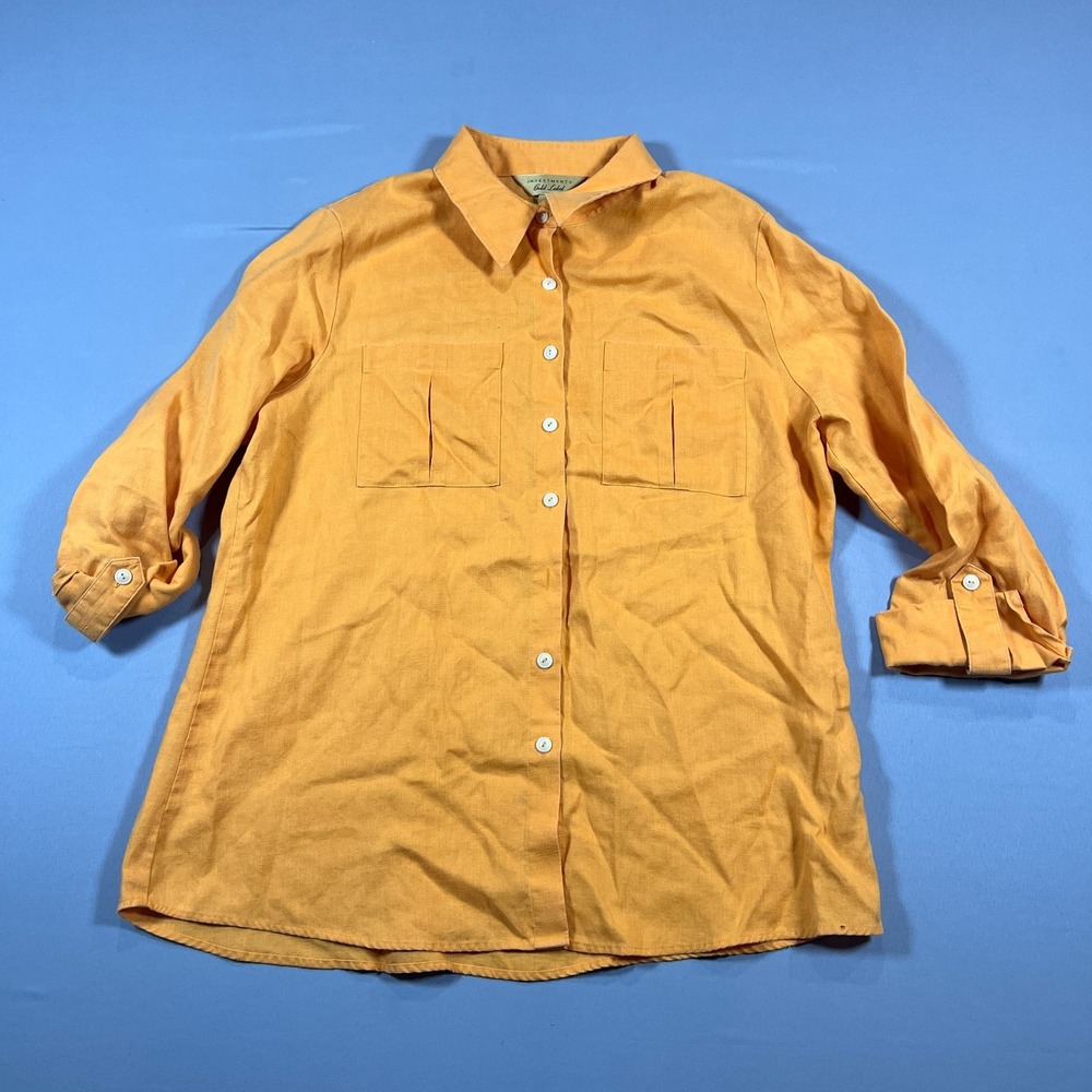 Investments Gold Label Shirt Womens 16 Yellow Roll Tab Long Sleeve Button Up